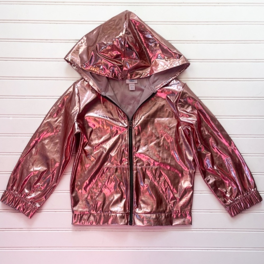 NWOT Rose Gold Metallic Zip Up Hooded Windbreaker Rain Jacket